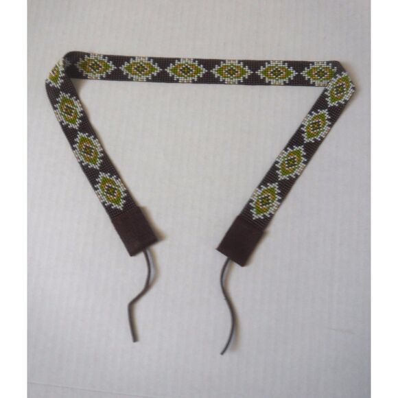 Beaded Hat Band Brown, White, Green, & Tan w/ Leather